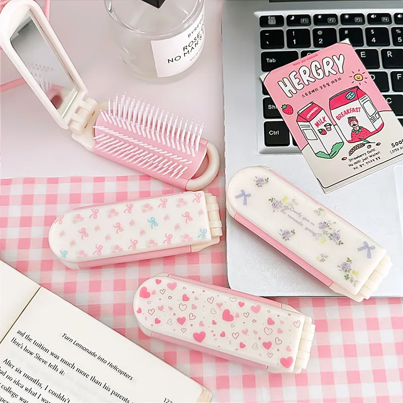 Kawaii Foldable Air Cushion Comb with Mirror – Mini Portable Travel Hairbrush, Detangling 2-in-1 Compact Brush with Scalp Massage Bristles for Purse & Bag